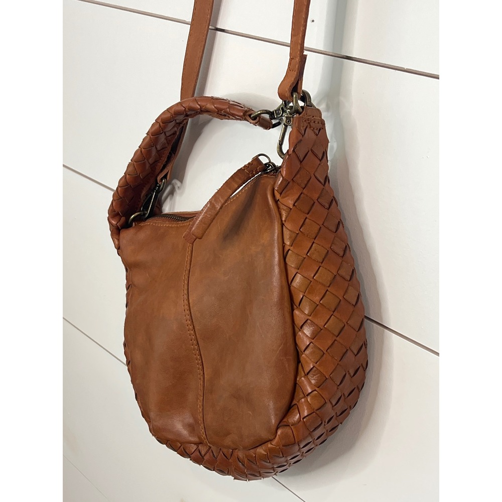 Woven Leather Crossbody Bag Cognac Brown Braided Handle Boho Shoulder Hobo Bag